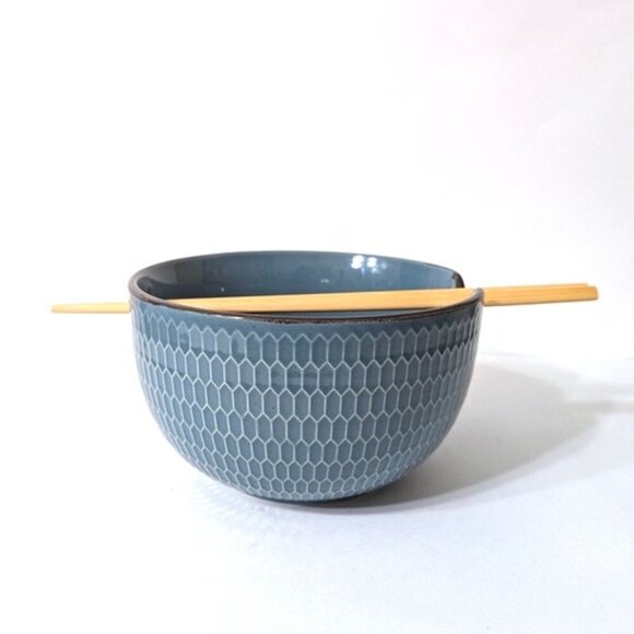Stoneware Ceramic Textured Noodle Bowl with Chopsticks Teal Blue - Picture 1 of 5